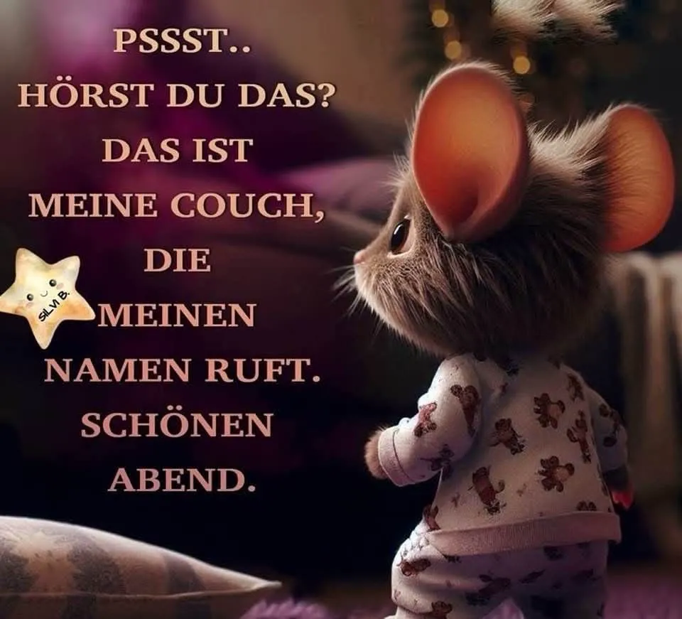 Ein niedliches, flauschiges Mäuschen im Schlafanzug geht nach links, mit einem lustigen Spruch für einen entspannten Guten Abend auf dunklem Hintergrund.